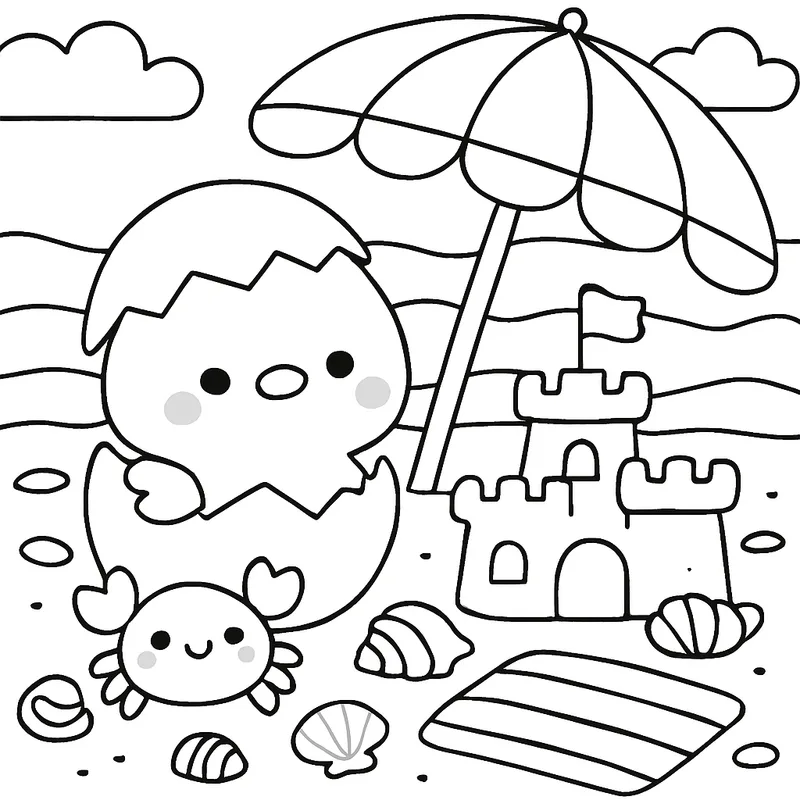 Coloring page of a chick hatching from an egg on the beach under an umbrella