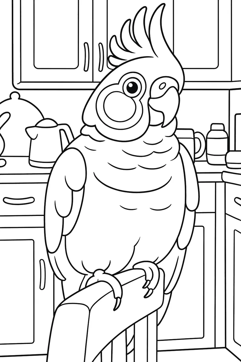 Coloring page of a cockatiel perched on a chair in a kitchen
