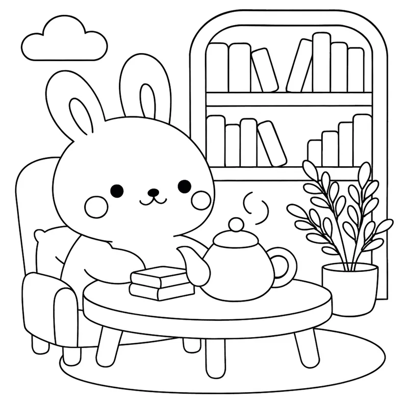 Coloring page of a rabbit having tea in an armchair beside a bookshelf