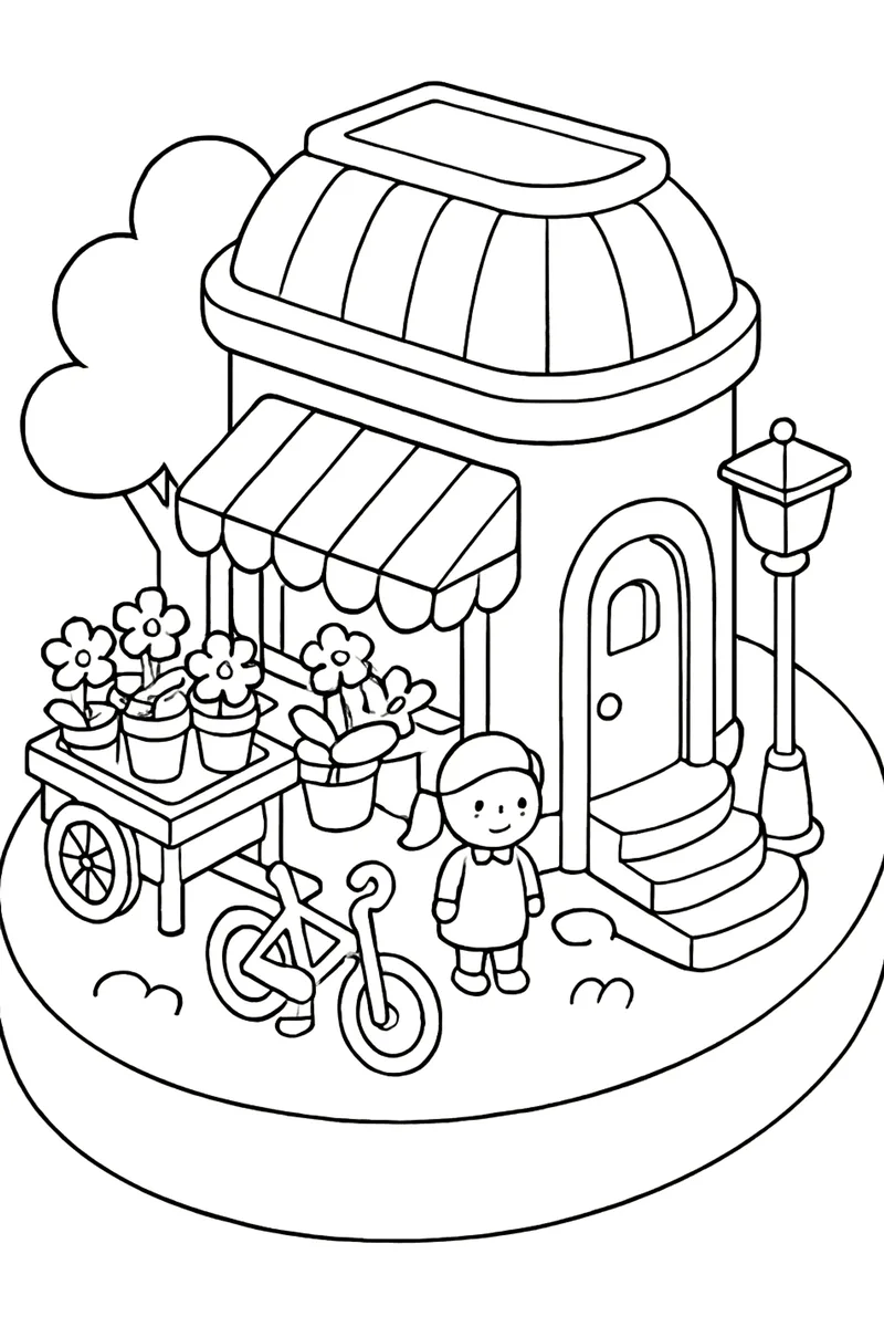 Coloring page of a tiny corner flower shop on a floating platform